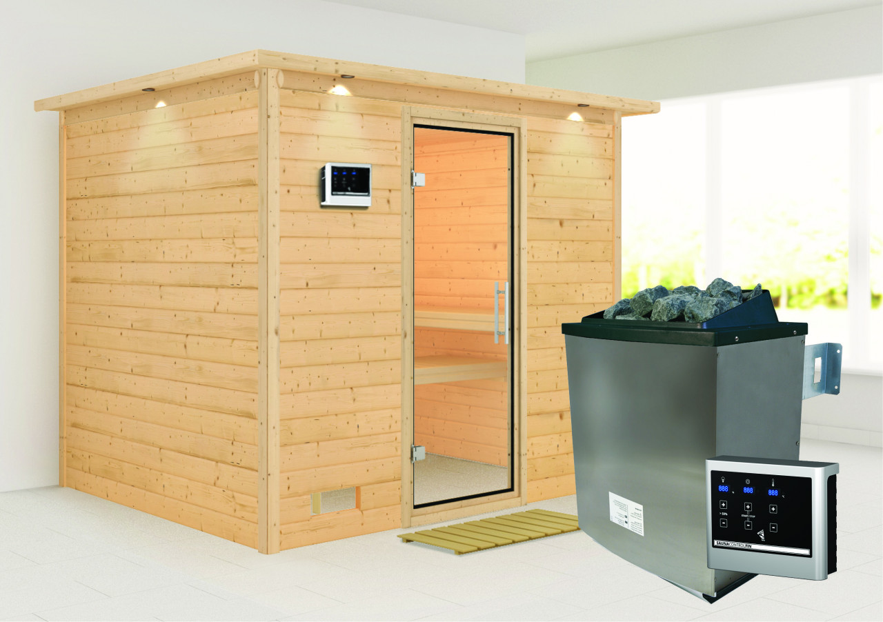 Massivholzsauna SONARA 231 x 196 m 38 mm 9.0 kW Ofen inkl. Steuergerät mit Dachkranz Ganzglastür Klarglas