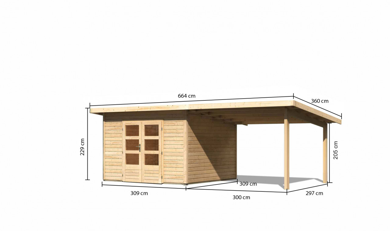 Karibu Gartenhaus Holz NORTHEIM 3 38 mm 309 x 309 m Naturbelassen inkl. 330 m Anbaudach 04-002-03-003-00369