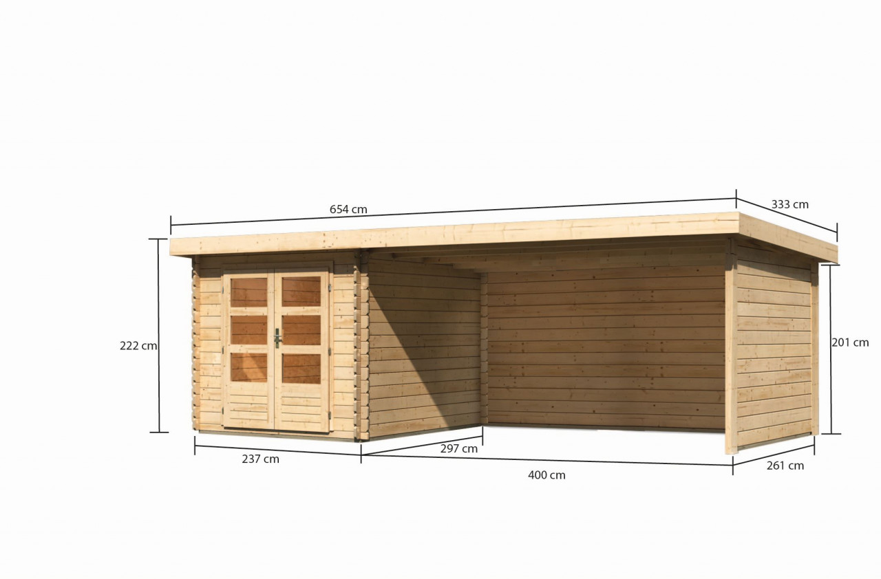Gartenhaus Holz BASTRUP 4 237 x 297 m 28 mm Blockbohlenhaus Naturbelassen inkl. 400 m Anbaudach + Rück und Seitenwand