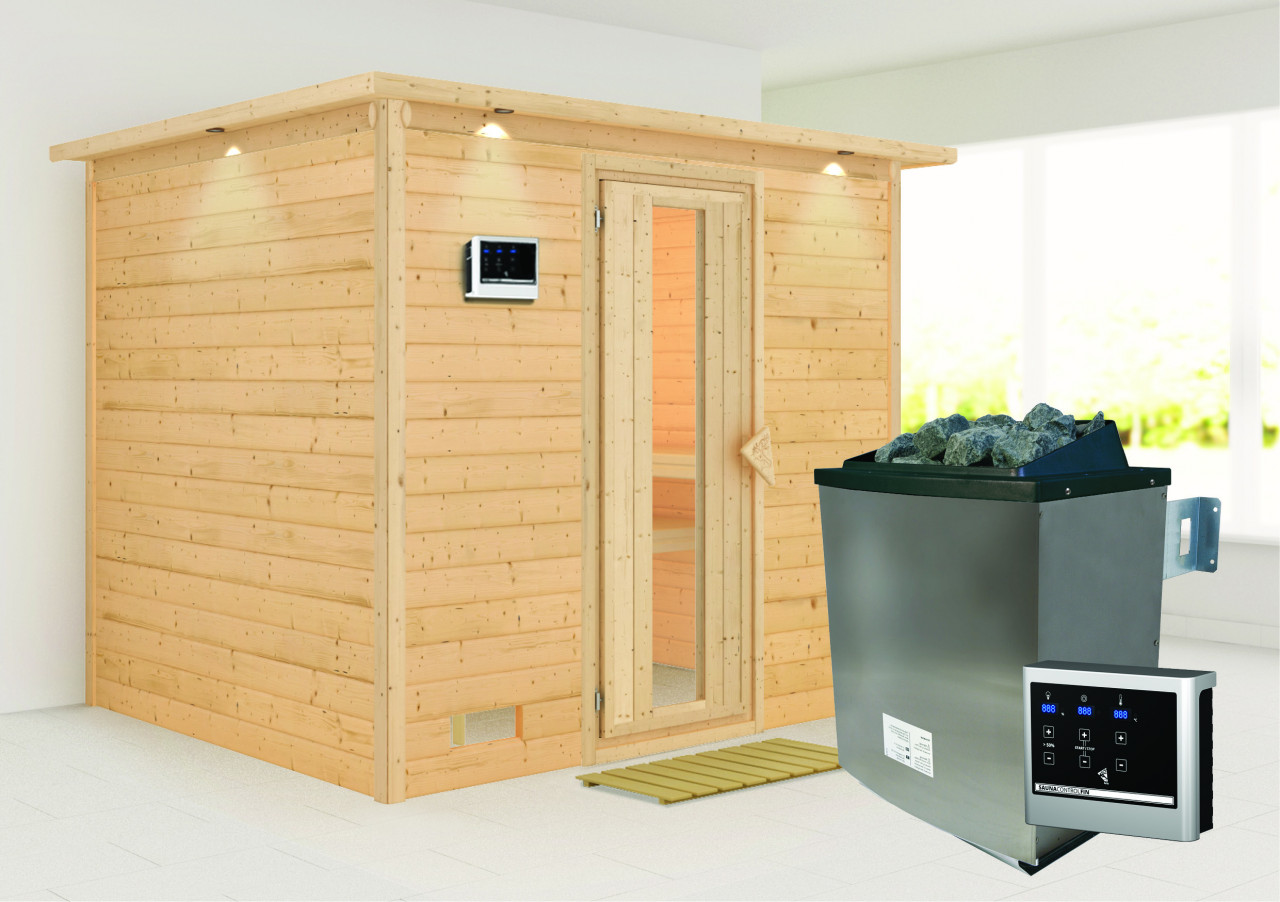 Massivholzsauna SONARA 231 x 196 m 38 mm 9.0 kW Ofen inkl. Steuergerät mit Dachkranz Energiespartür