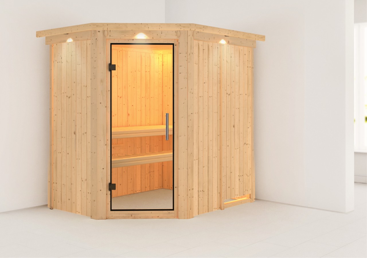 Karibu  Sauna SAJA 1,51 x 1,96 m  ohne Ofen mit Dachkranz Klarglastür 85921