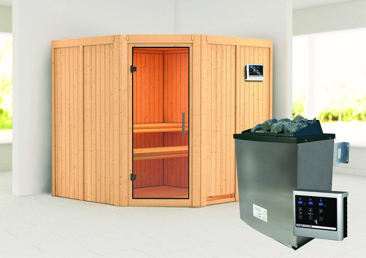 Sauna JARIN 196 x 196 m 9.0 kW Ofen inkl. Steuergerät ohne Dachkranz Ganzglastür Klarglas