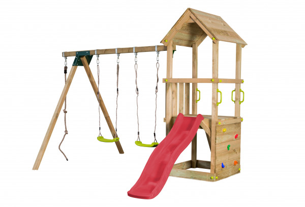Spielturm LOFT mit Rutsche Doppelschaukel Kletterseil und Kletterwand