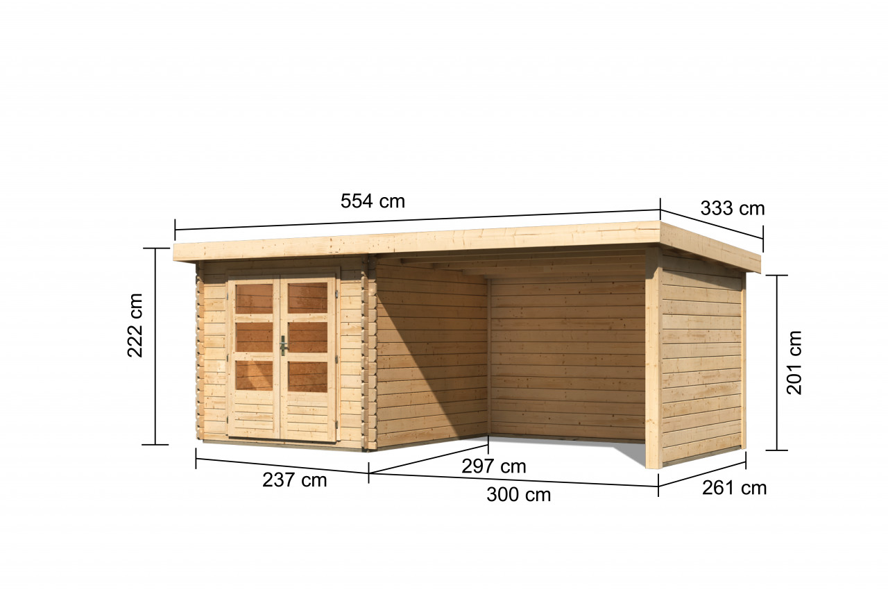Gartenhaus Holz BASTRUP 4 237 x 297 m 28 mm Blockbohlenhaus Naturbelassen inkl. 300 m Anbaudach + Rück und Seitenwand