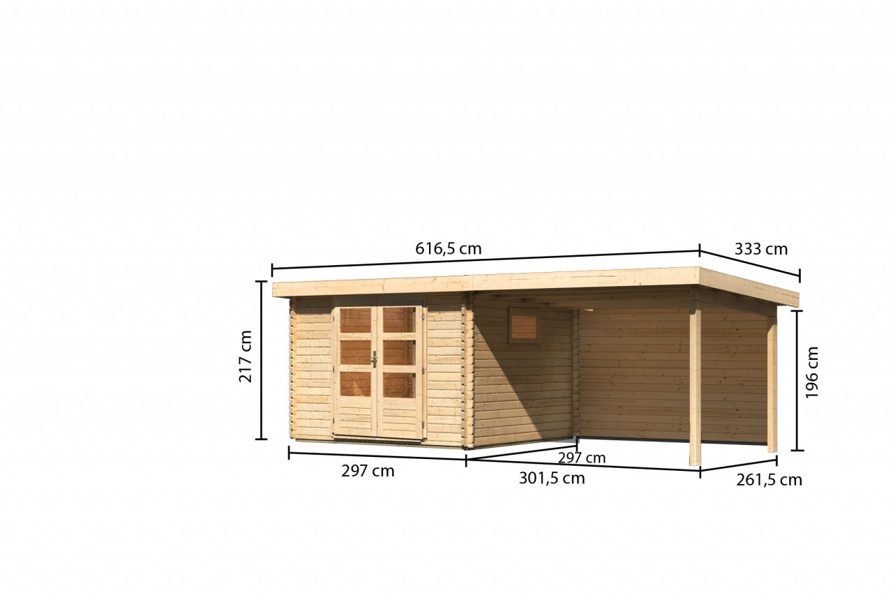 Karibu Gartenhaus "Trittau 3" mit Anbaudach und Rückwand