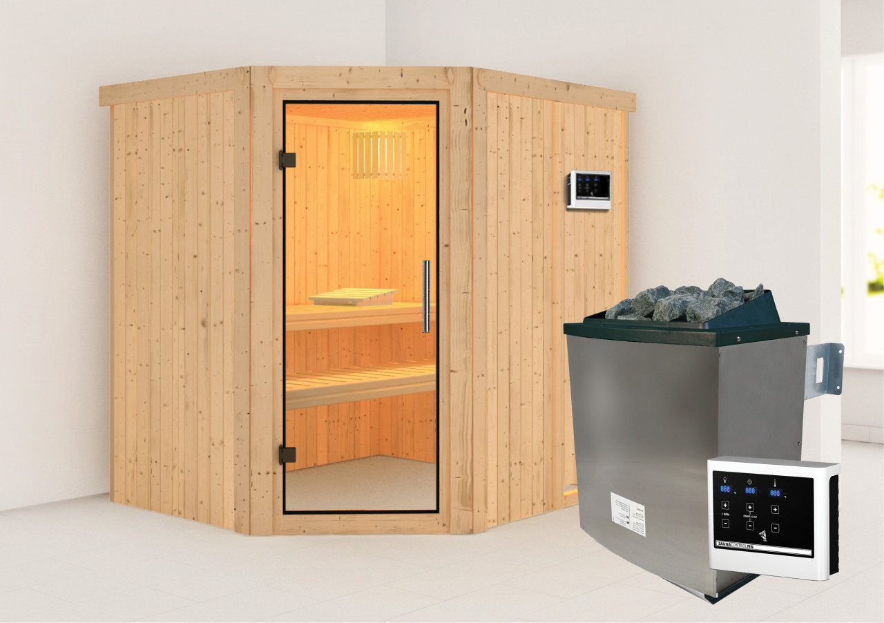 Sauna SIIRIN 196 x 17 m 9.0 kW Ofen inkl. Steuergerät ohne Dachkranz Ganzglastür Klarglas