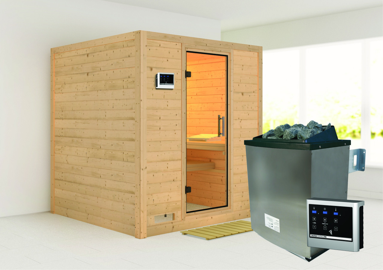 Sauna Innenkabine Mojave Innensauna 3 Sitzbänke aus Holz in Naturbelassen Saunakabine Wandstärke 40 mm Inklusive Ofen Infrarotsauna - Naturbelassen
