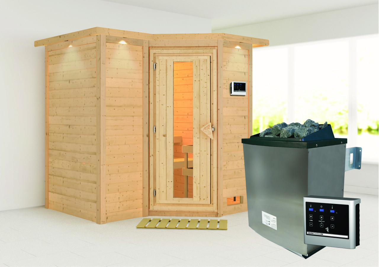 Massivholzsauna SAHIB 1 193 x 184 m 40 mm 9.0 kW Ofen inkl. Steuergerät mit Dachkranz Energiespartür