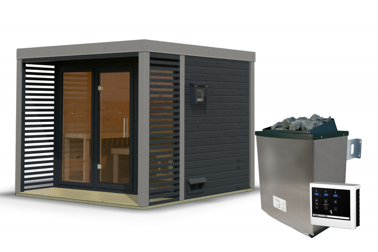 Saunahaus ARES 3 277 x 276 m 38 mm 9.0 kW Ofen inkl. Steuergerät Anthrazit Graualuminium