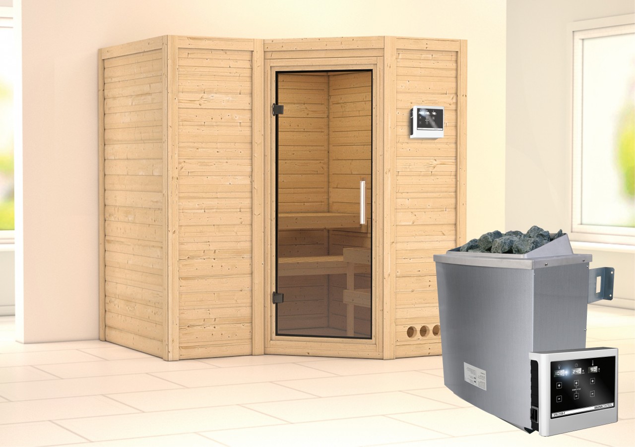 Massivholzsauna SAHIB 1 193 x 184 m 40 mm 9.0 kW BioKombiofen inkl. Steuergerät ohne Dachkranz Ganzglastür Klarglas