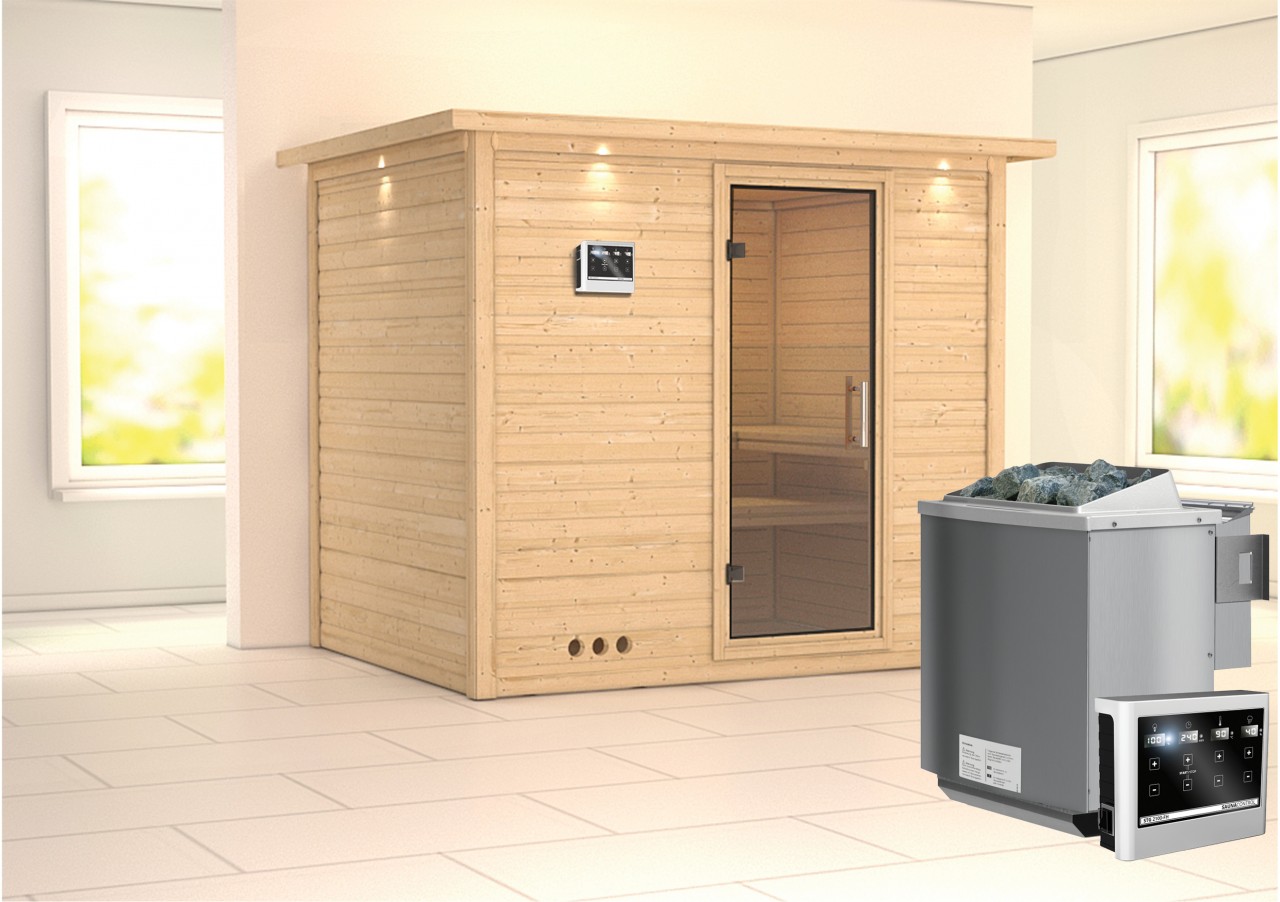 Massivholzsauna SONARA 231 x 196 m 38 mm 9.0 kW BioKombiofen inkl. Steuergerät mit Dachkranz Ganzglastür Klarglas