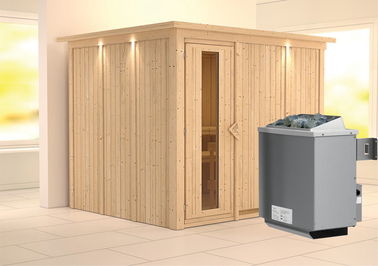 Sauna GOBIN 231 x 196 m 9.0 kW Ofen integr. Steuerung mit Dachkranz Energiespartür