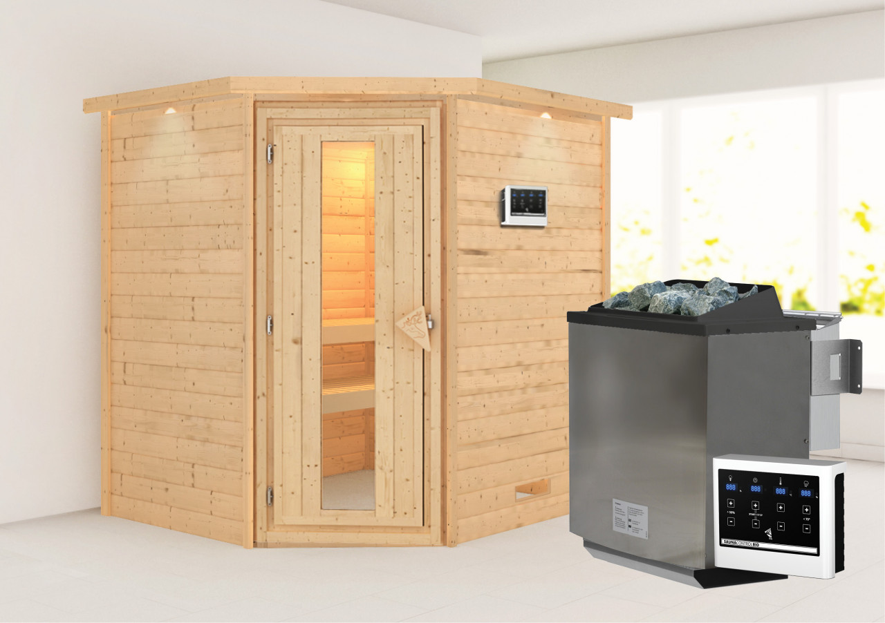 Karibu Sauna "Mia (Fronteinstieg)" Ofen 9 kW Bio externe Strg easy
