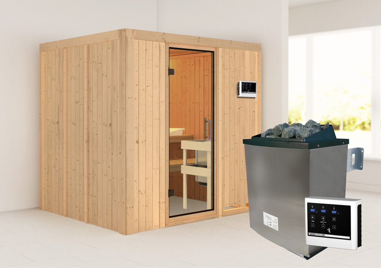 Sauna SODIN 196 x 17 m Naturbelassen 9.0 kW Ofen inkl. Steuergerät ohne Dachkranz Ganzglastür Klarglas
