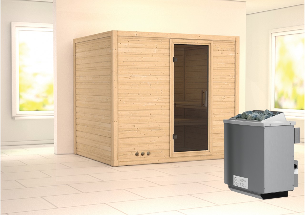 Massivholzsauna SONARA 231 x 196 m 38 mm 9.0 kW Ofen integr. Steuerung ohne Dachkranz Ganzglastür graphit