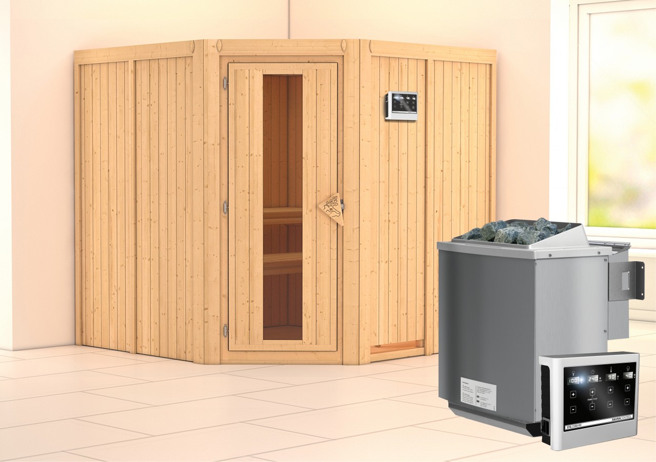 Sauna JARIN 196 x 196 m 9.0 kW BioKombiofen inkl. Steuergerät ohne Dachkranz Energiespartür