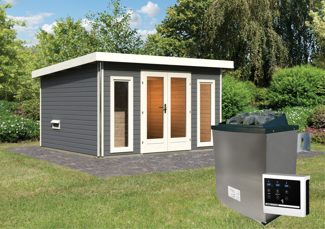 Saunahaus MAINBURG 2 369 x 309 m mit Vorraum Terragrau 9.0 kW Ofen inkl. Steuergerät Set B  Sauna mit 3 Liegen 225 x 190 m