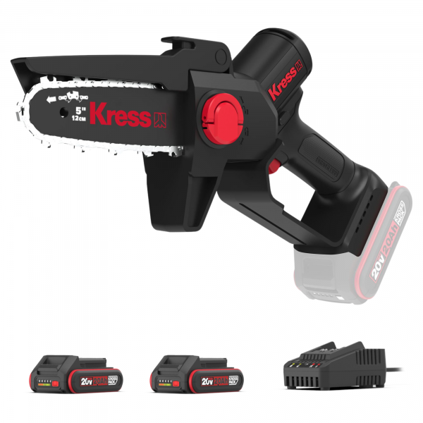 Mini-Akku-Kettensäge 12 cm KG343 - 20 V Baumsäge Komplett-Set mit 2 x 2.0 Ah Akku + Ladegerät 2 A