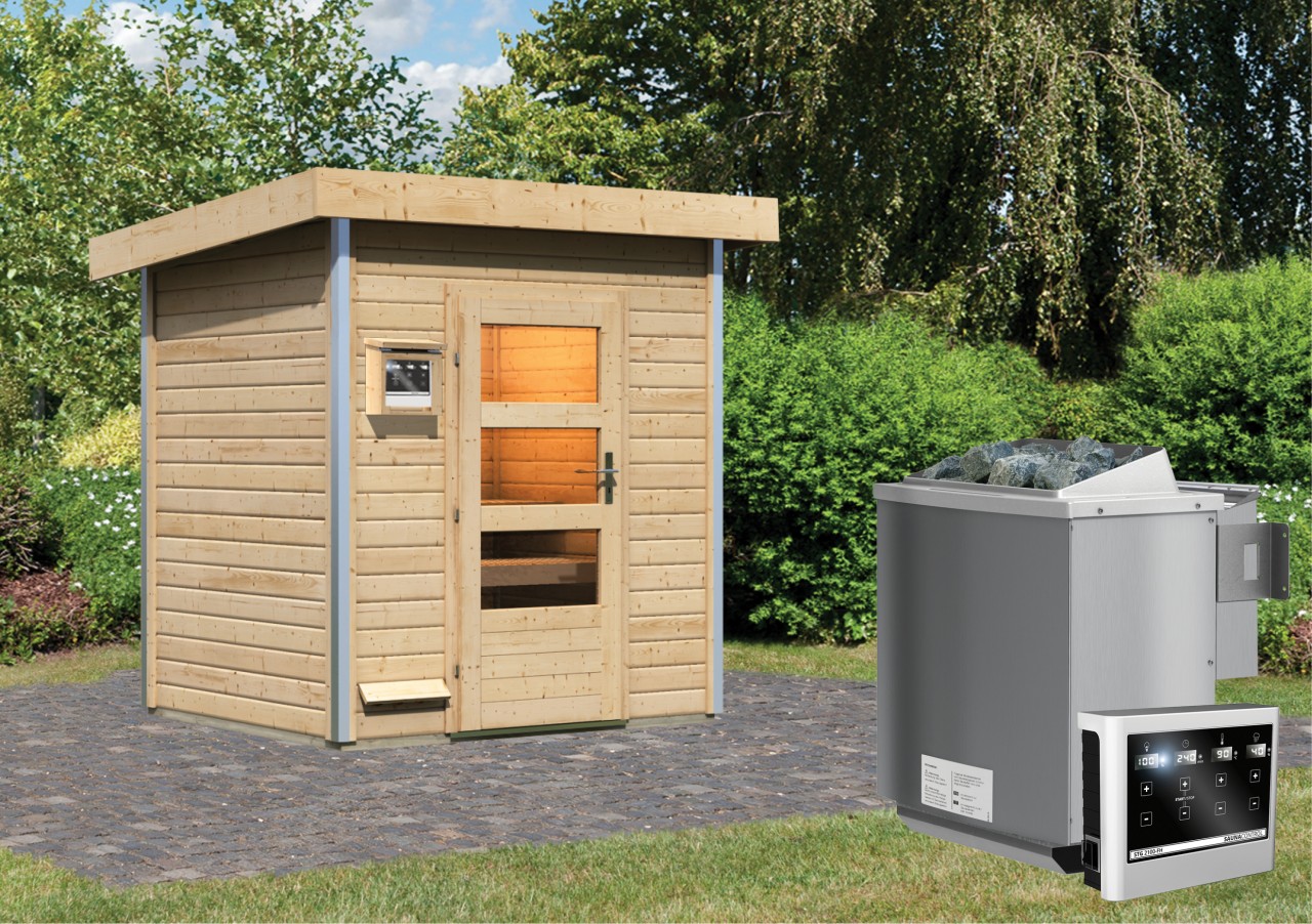 Saunahaus JORGEN 1,96 x 1,46 cm - 9.0 kW Bio-Kombiofen ext. Steuerung ISO-Glas Klarglas Saunahaus JORGEN 1,96 x 1,46 cm - 9.0 kW Bio-Kombiofen ext. Steuerung ISO-Glas Klarglas