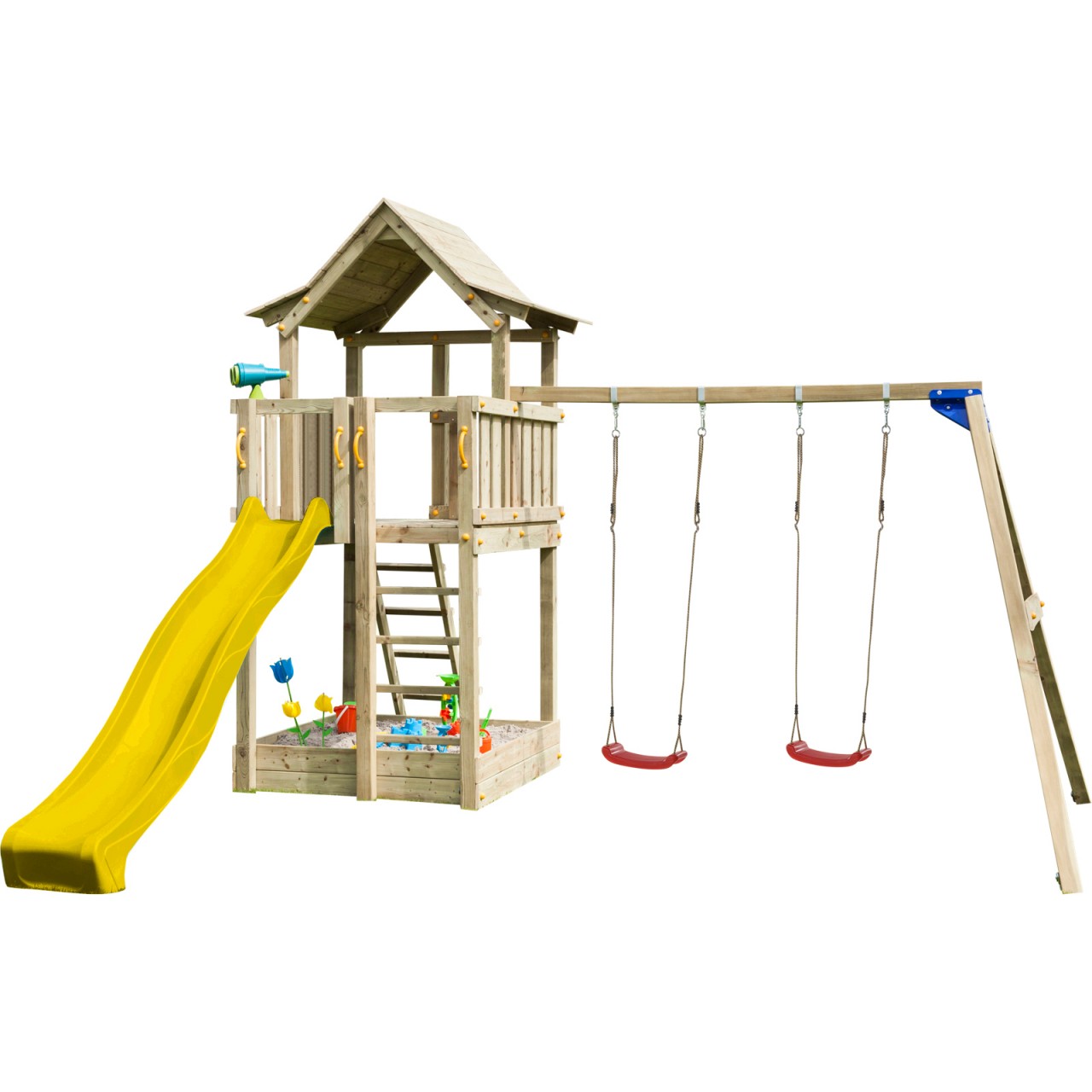 Spielturm PAGODA mit Rutsche + Doppelschaukel Gelb 120 m