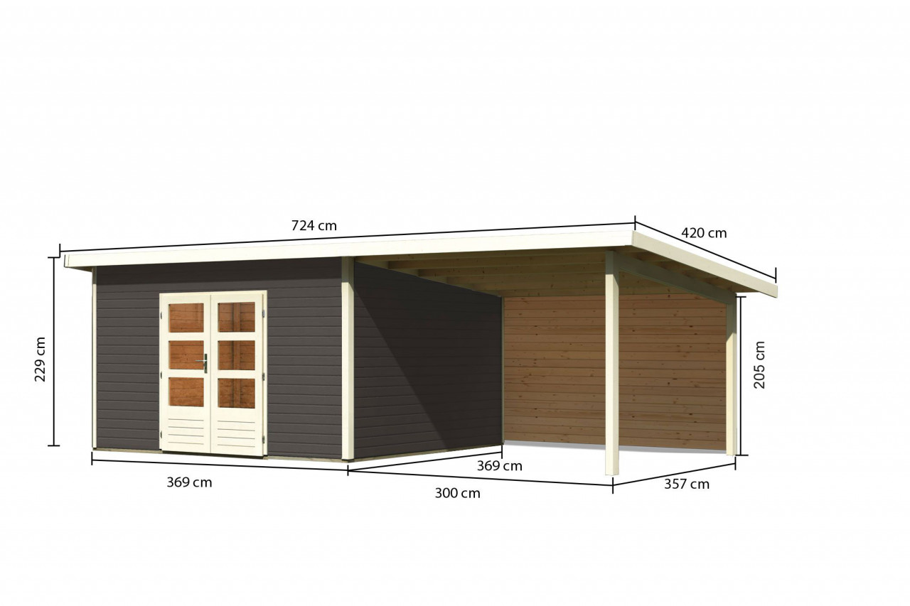 Gartenhaus Holz NORTHEIM 5 38 mm 369 x 369 m Terragrau inkl. 330 m Anbaudach + Rückwand