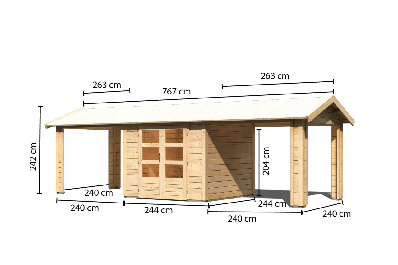 Gartenhaus Holz THERES 3 244 x 244 m 28 mm Systemhaus Naturbelassen inkl. 2 Dachausbaulemente 240 m
