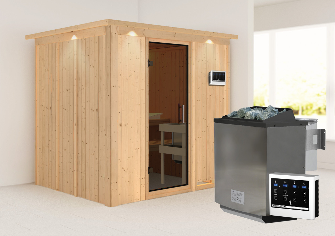Sauna SODIN 196 x 17 m Naturbelassen 9.0 kW BioKombiofen inkl. Steuergerät mit Dachkranz Ganzglastür graphit
