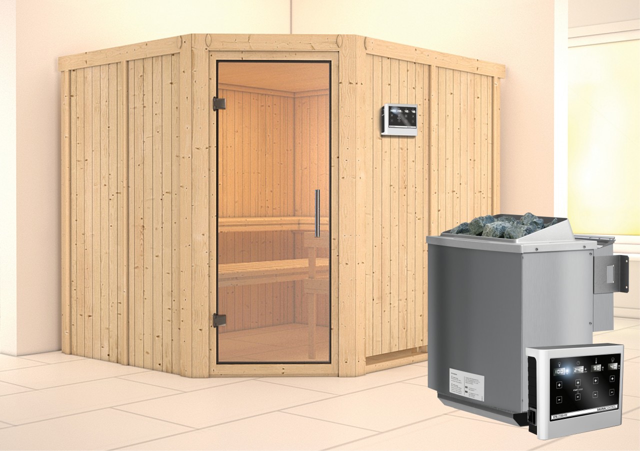 Sauna MALIN 231 x 196 m 9.0 kW BioKombiofen inkl. Steuergerät ohne Dachkranz Ganzglastür Klarglas