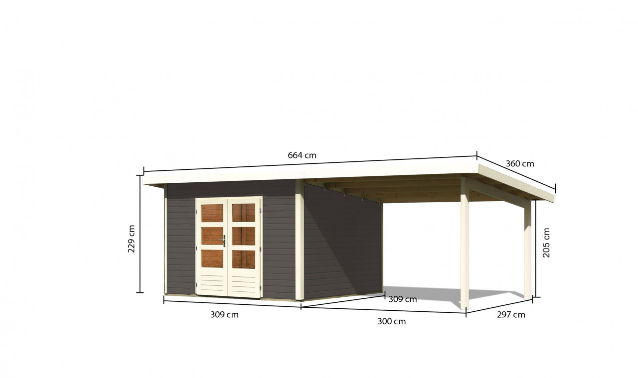 Karibu Gartenhaus Holz NORTHEIM 3 38 mm 309 x 309 m Terragrau inkl. 330 m Anbaudach 04-002-03-001-01918