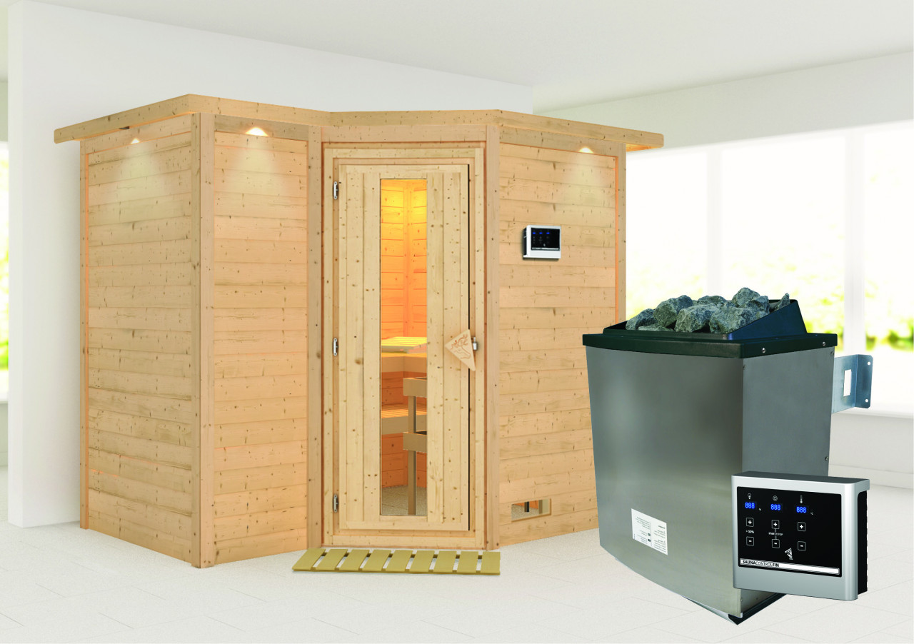 Massivholzsauna SAHIB 2 236 x 184 m 40 mm 9.0 kW Ofen inkl. Steuergerät mit Dachkranz Energiespartür