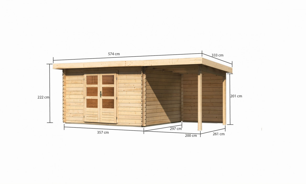 Gartenhaus Holz BASTRUP 7 357 x 297 m 28 mm Blockbohlenhaus Naturbelassen inkl. 200 m Anbaudach + Rückwand