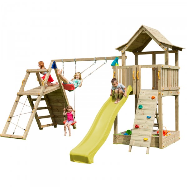 Spielturm PAGODA mit Rutsche 2,90 m + Kletterwand + Doppelschaukel