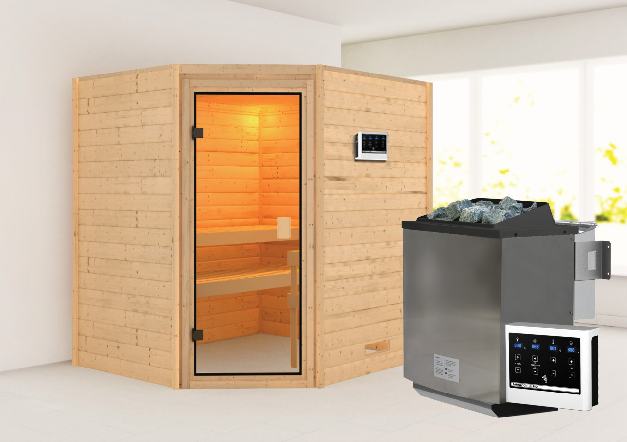 Karibu Sauna "Mia (Fronteinstieg)" Ofen 9 kW Bio externe Strg easy