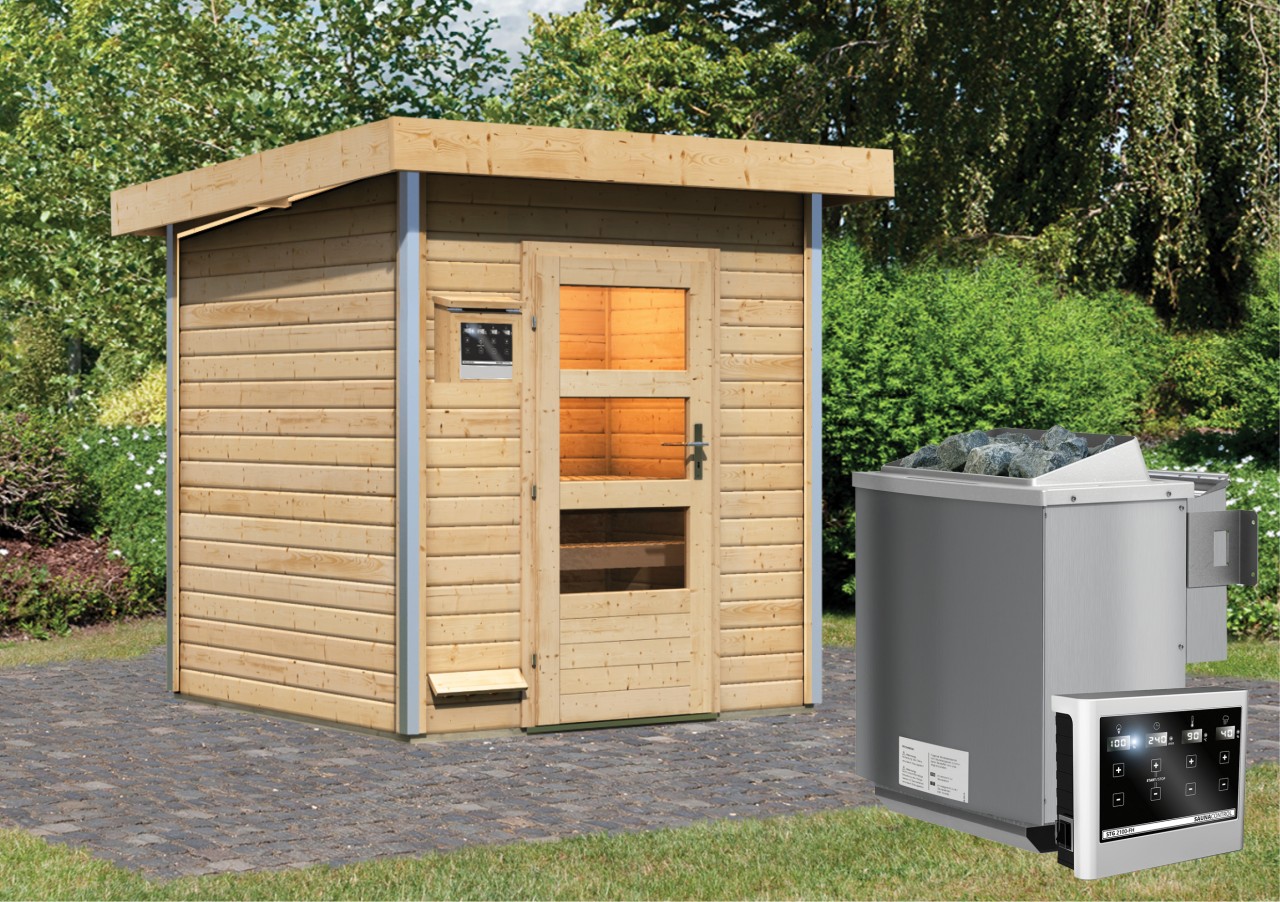 Saunahaus TORGE 1,96 x 1,96 cm - 9.0 kW Bio-Kombiofen ext. Steuerung ISO-Glas Klarglas Saunahaus TORGE 1,96 x 1,96 cm - 9.0 kW Bio-Kombiofen ext. Steuerung ISO-Glas Klarglas