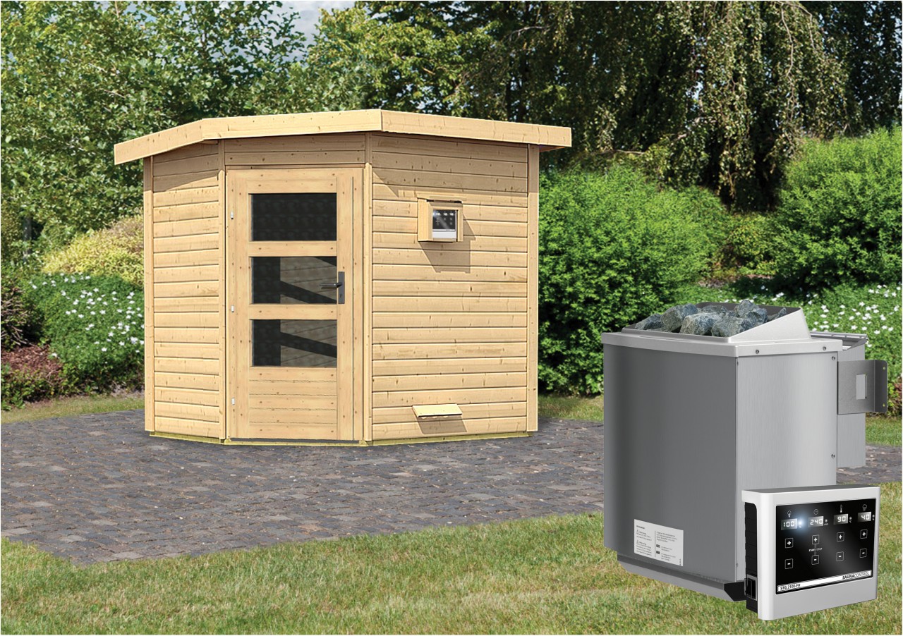 Saunahaus MIKKA 2,31 x 1,96 cm - 9.0 kW Bio-Kombiofen ext. Steuerung ISO-Glas Klarglas Saunahaus MIKKA 2,31 x 1,96 cm - 9.0 kW Bio-Kombiofen ext. Steuerung ISO-Glas Klarglas