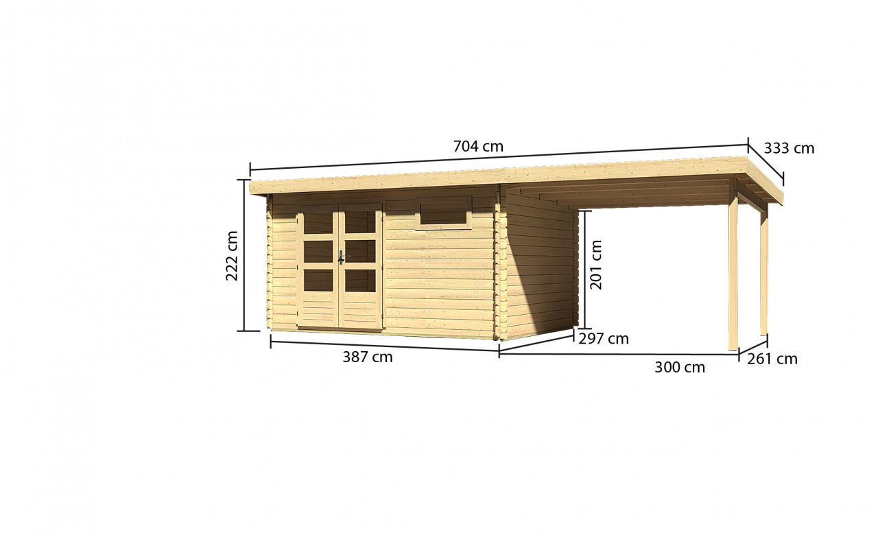 Gartenhaus Holz BASTRUP 8 387 x 297 m 28 mm Blockbohlenhaus Naturbelassen inkl. 300 m Anbaudach