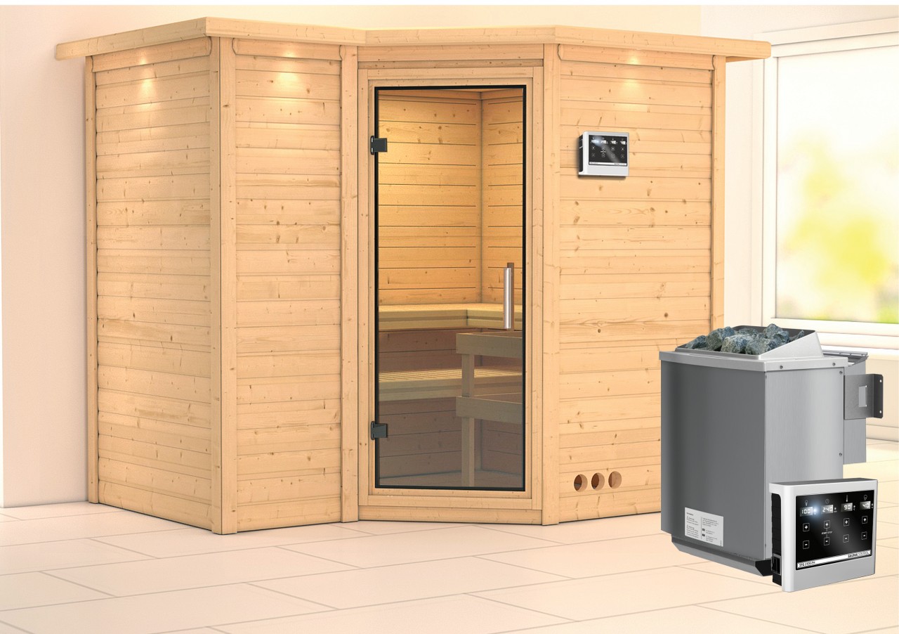 Massivholzsauna SAHIB 2 236 x 184 m 40 mm 9.0 kW BioKombiofen inkl. Steuergerät mit Dachkranz Ganzglastür Klarglas