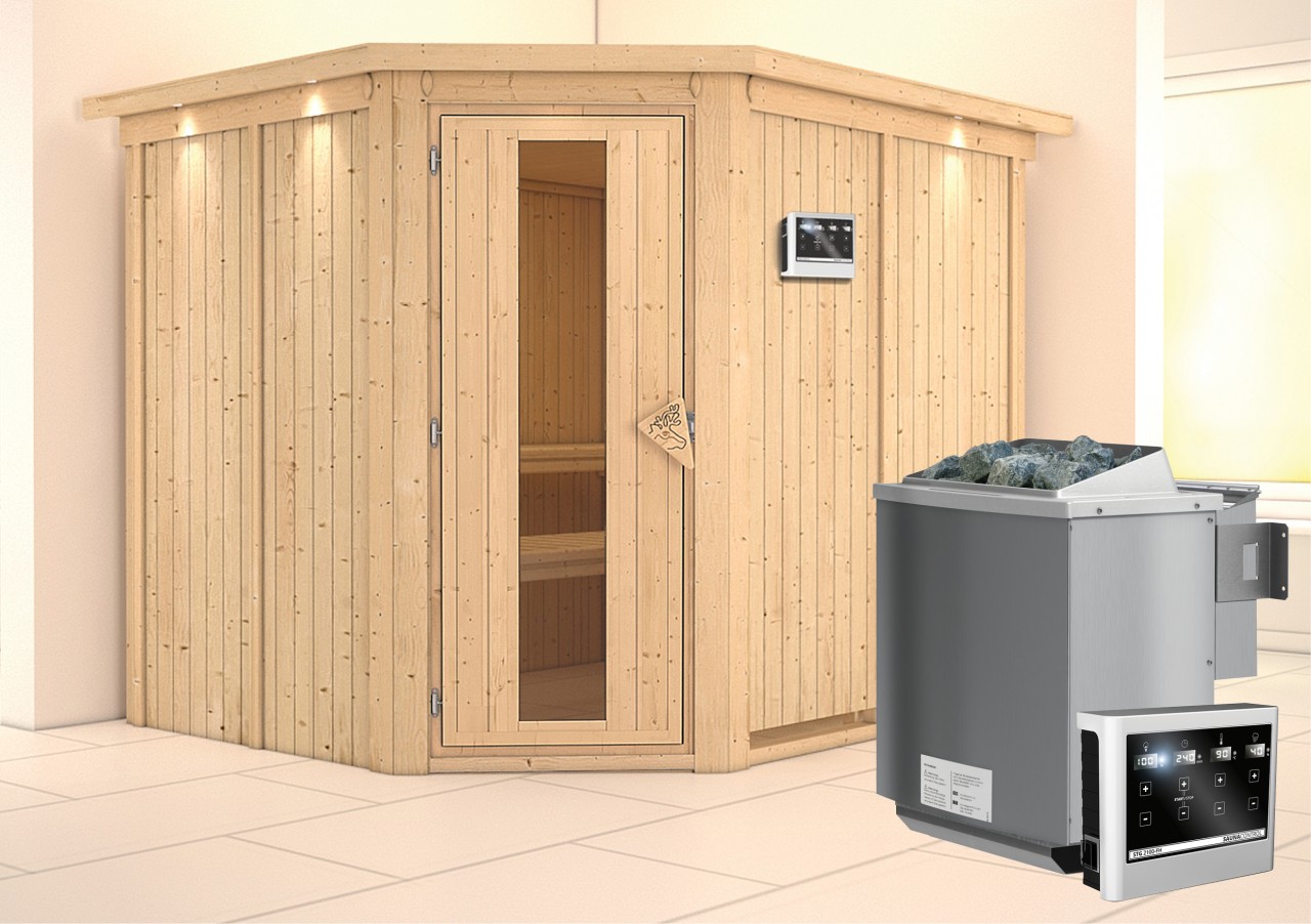 Sauna MALIN 231 x 196 m 9.0 kW BioKombiofen inkl. Steuergerät mit Dachkranz Energiespartür