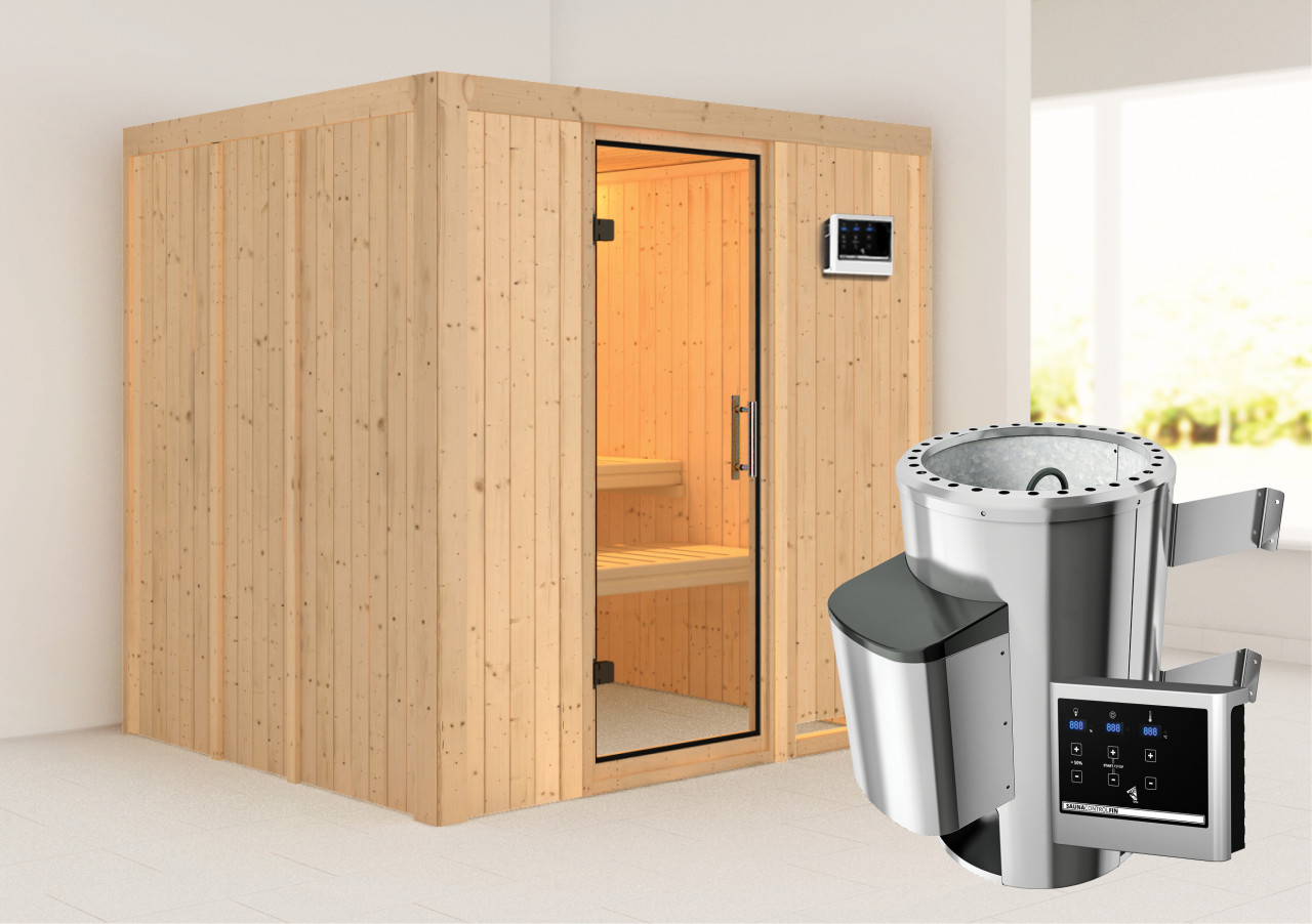 Sauna Innenkabine Daria Innensauna 2 Sitzbänke aus Holz in Naturbelassen Saunakabine Wandstärke 68 mm Inklusive Ofen Infrarotsauna