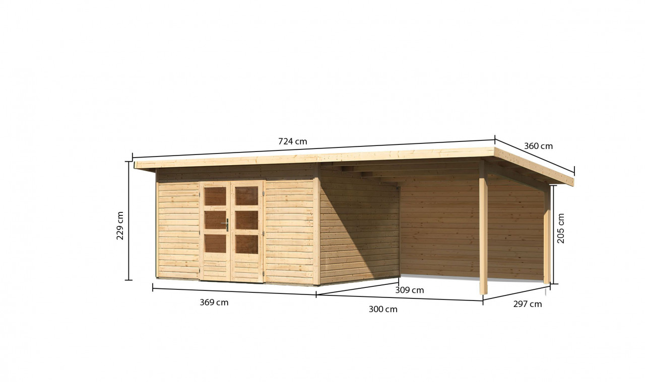 Gartenhaus Holz NORTHEIM 4 38 mm 369 x 309 m Naturbelassen inkl. 330 m Anbaudach + Rückwand