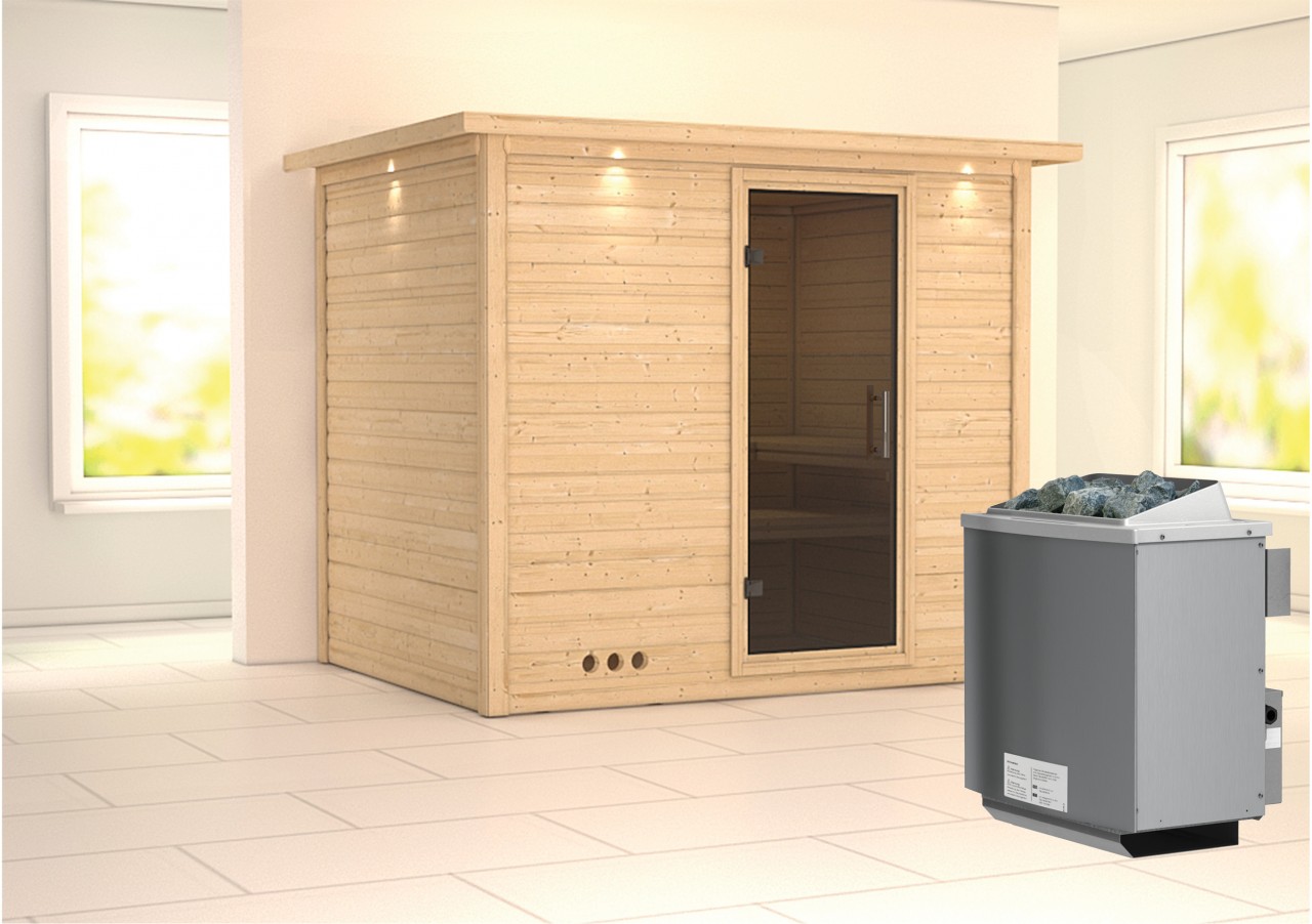 Massivholzsauna SONARA 231 x 196 m 38 mm 9.0 kW Ofen integr. Steuerung mit Dachkranz Ganzglastür graphit