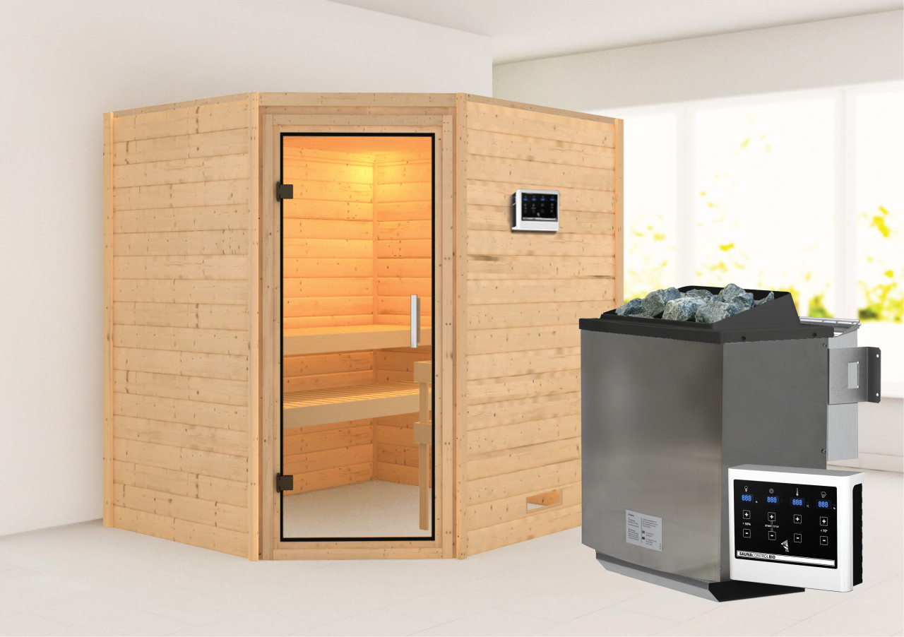 Karibu Sauna "Mia (Fronteinstieg)" Ofen 9 kW Bio externe Strg easy