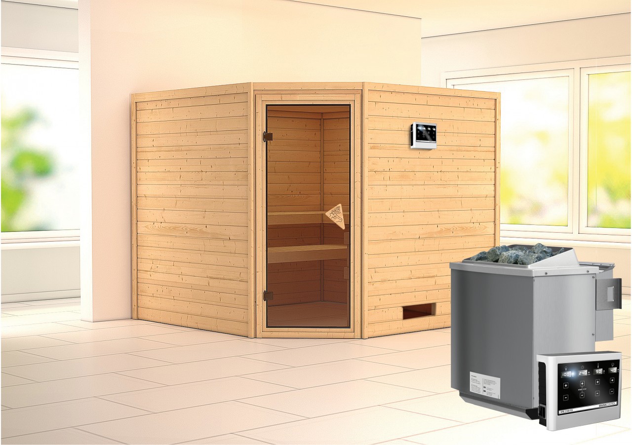 Massivholzsauna LEONA 2,31 x 2,31 m 38 mm - 9.0 kW Bio-Kombiofen ext. Steuerung ohne Dachkranz Ganzglastür bronziert Massivholzsauna LEONA 2,31 x 2,31 m 38 mm - 9.0 kW Bio-Kombiofen ext. Steuerung ohne Dachkranz Ganzglastür bronziert