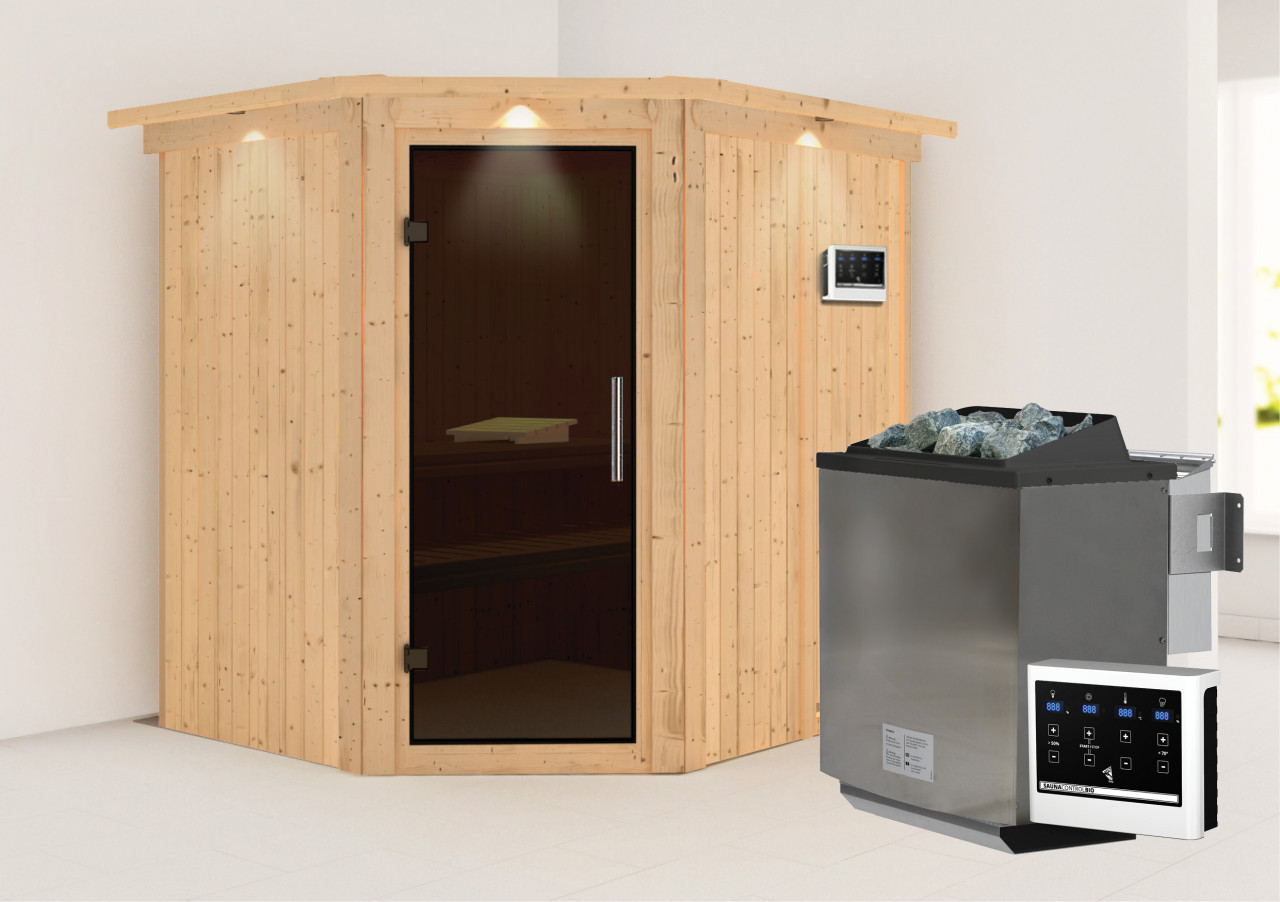 Sauna SIIRIN 196 x 17 m 9.0 kW BioKombiofen inkl. Steuergerät mit Dachkranz Ganzglastür graphit