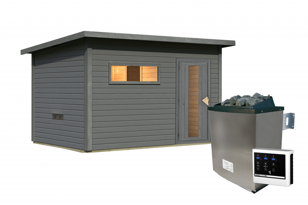 Saunahaus HYTTI 6 396 x 231 m 38 mm Terragrau 9.0 kW Ofen inkl. Steuergerät