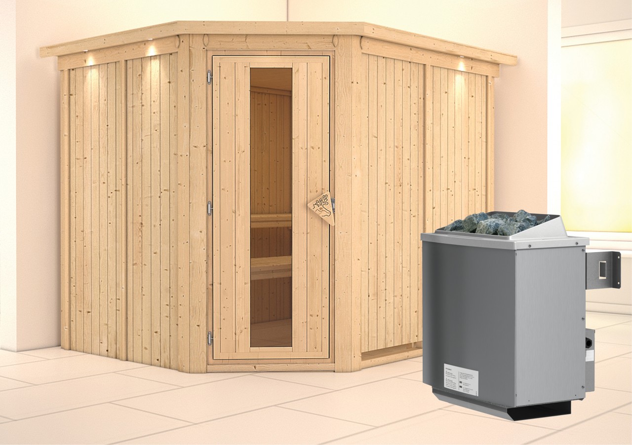 Sauna MALIN 231 x 196 m 9.0 kW Ofen integr. Steuerung mit Dachkranz Energiespartür