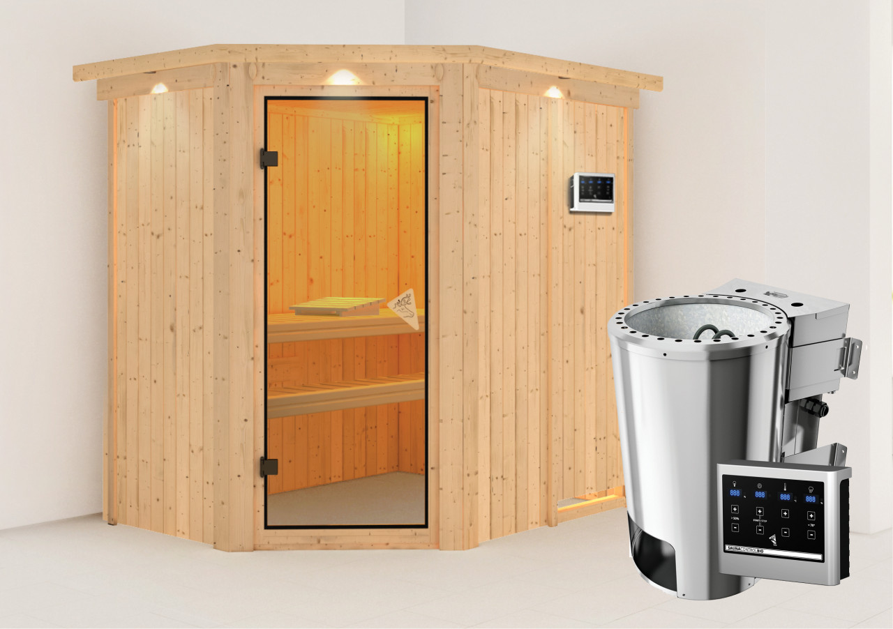 Sauna SAJA 151 x 196 m 3.6 kW BioKombiofen ext. Steuerung mit Dachkranz Ganzglastür bronziert