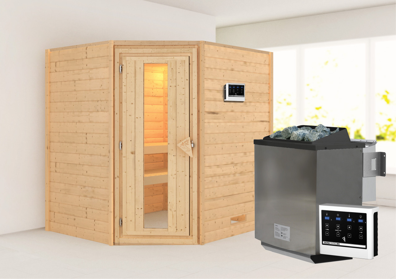 Karibu Sauna "Mia (Fronteinstieg)" Ofen 9 kW Bio externe Strg easy