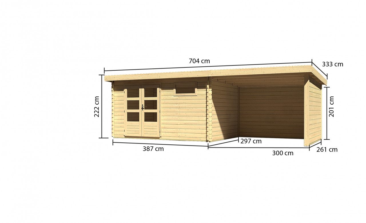 Gartenhaus Holz BASTRUP 8 387 x 297 m 28 mm Blockbohlenhaus Naturbelassen inkl. 300 m Anbaudach + Rück und Seitenwand