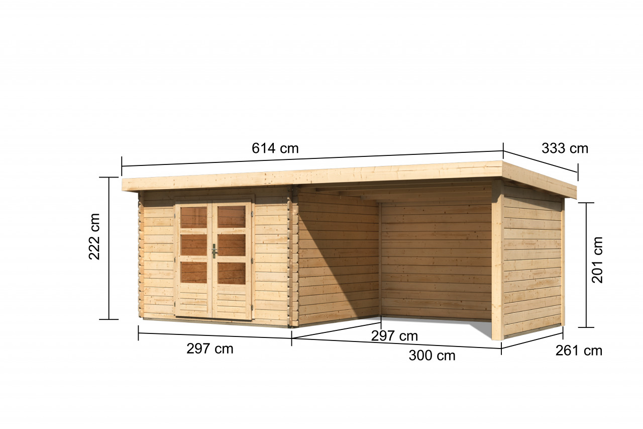 Gartenhaus Holz BASTRUP 5 297 x 297 m 28 mm Blockbohlenhaus Naturbelassen inkl. 300 m Anbaudach + Rück und Seitenwand